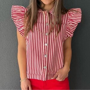 Red Striped Ruffle Sleeve Denim Top